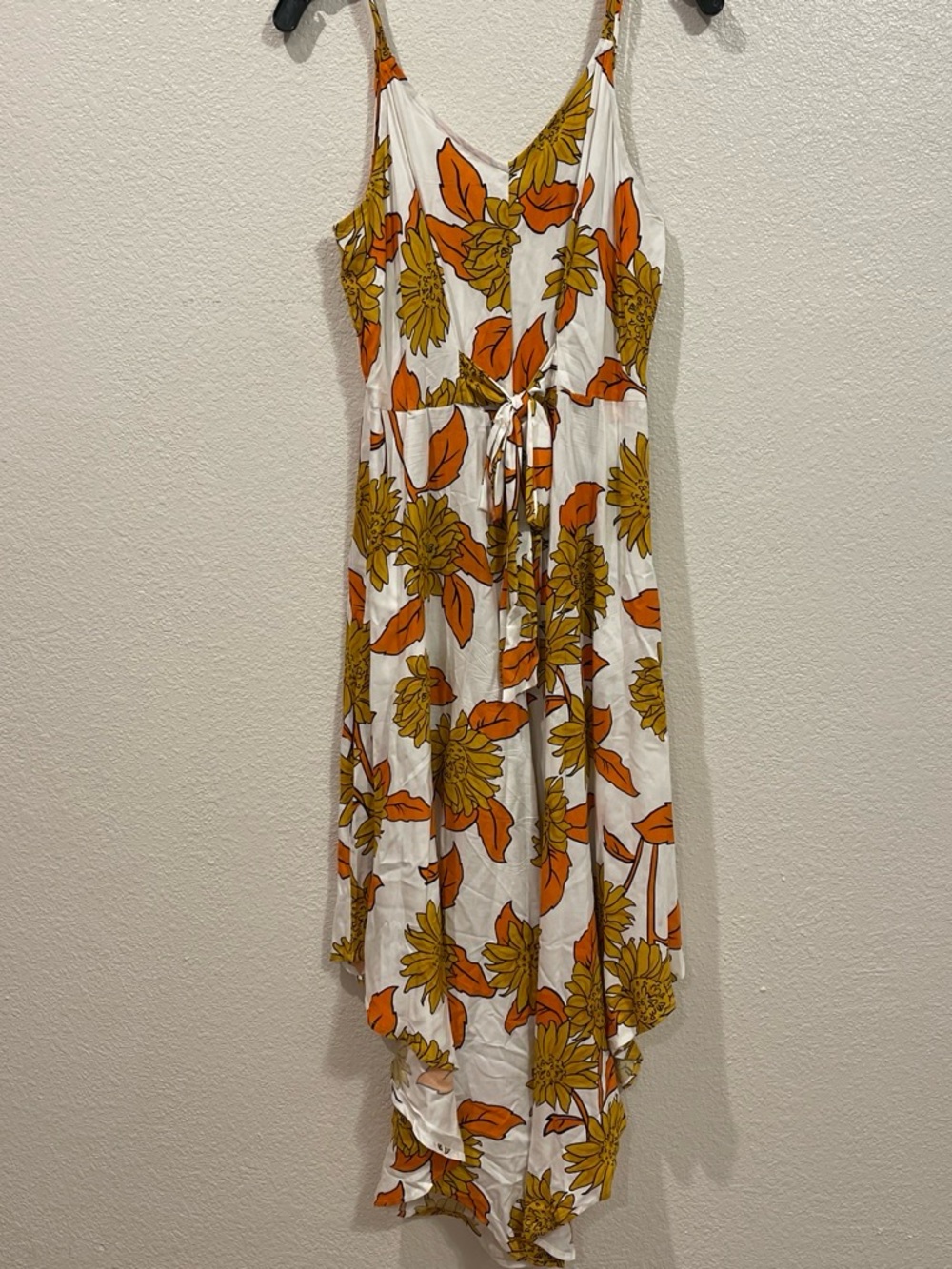 Sleeveless White Floral Maxi jumpsuit Dress with Orange & Mustard Print